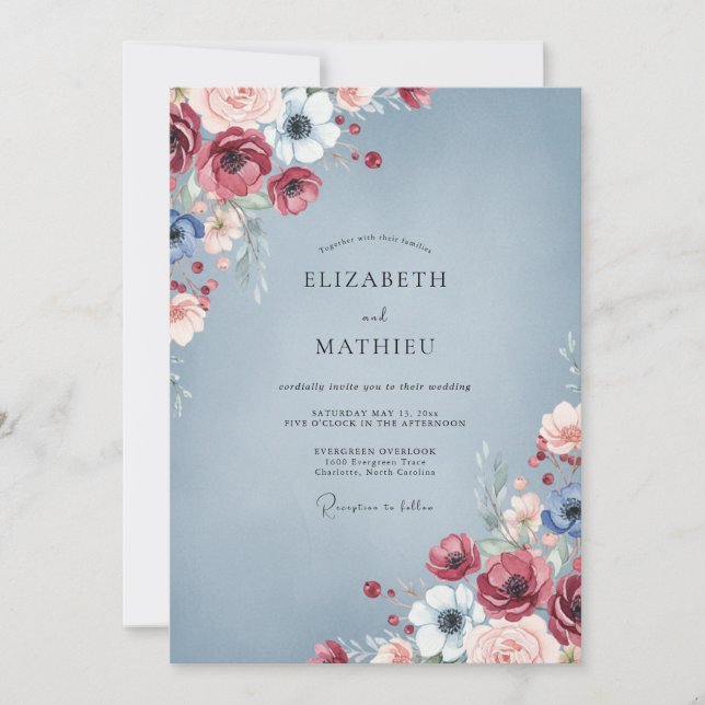 Slate Crimson Peony Wedding Invitation (Front)