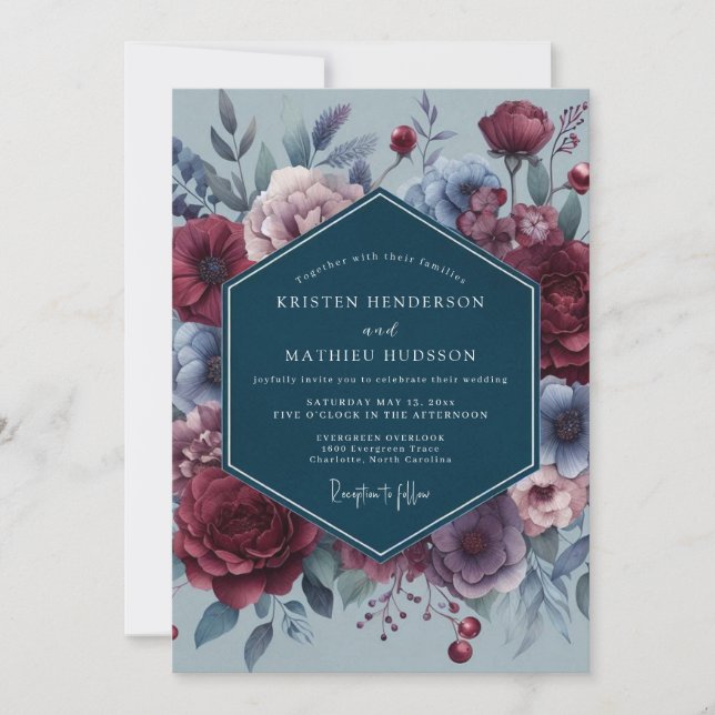 Slate Crimson Somber Flora Wedding Invitation (Front)