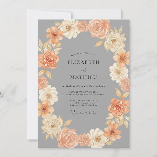 Slate Dusty Peach Wreath Wedding Invitation (Front)