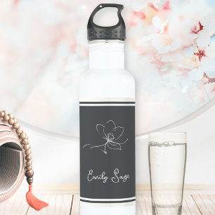 Slate Gray Ivory Floral Line Art Striped 710 Ml Water Bottle