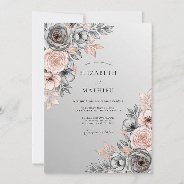 Slate Gray Polished Botanical Wedding Invitation (Front)