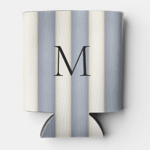 Slate Grey & Antique White Stripes Monogrammed Can Cooler