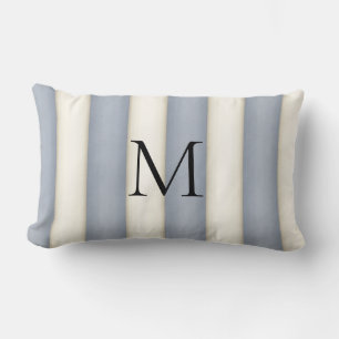 Slate Grey & Antique White Stripes Monogrammed Lumbar Cushion