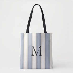 Slate Grey & Antique White Stripes Monogrammed Tote Bag