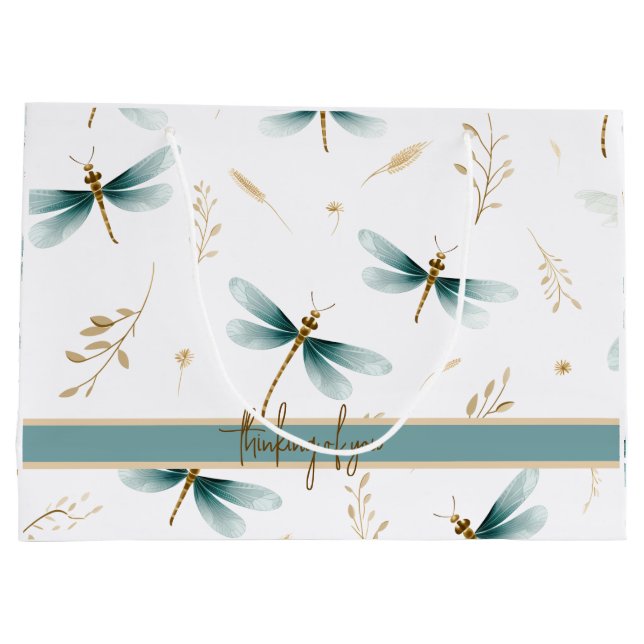 Slate Grey, Blue and Ivory Pattern of Dragonflies Large Gift Bag (Back)