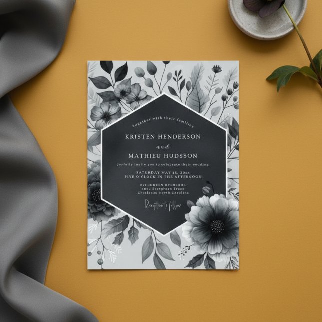 Slate Grey Botanical Bloom Wedding Invitation (Creator Uploaded)