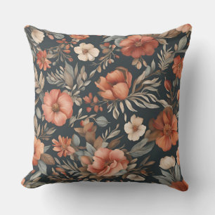 Slate Grey Burnt Orange Dark Cottagecore Floral Cushion