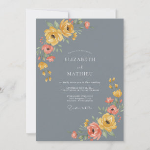 Slate Grey Floral Bloom Wedding Invitation