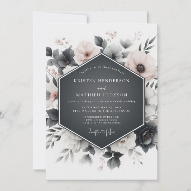 Slate Grey Floral Elegance Wedding Invitation (Front)