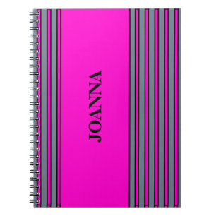 Slate Grey Fuchsia Elegant Stripes Name  Notebook