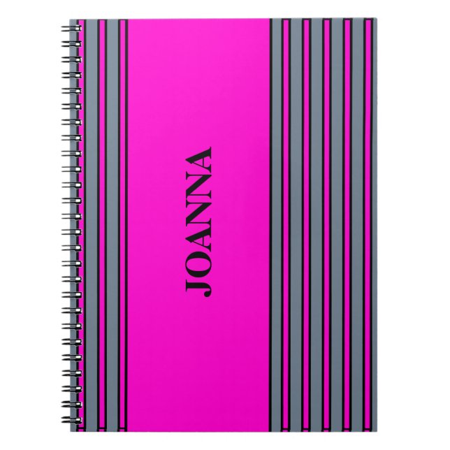 Slate Grey Fuchsia Elegant Stripes Name  Notebook (Front)
