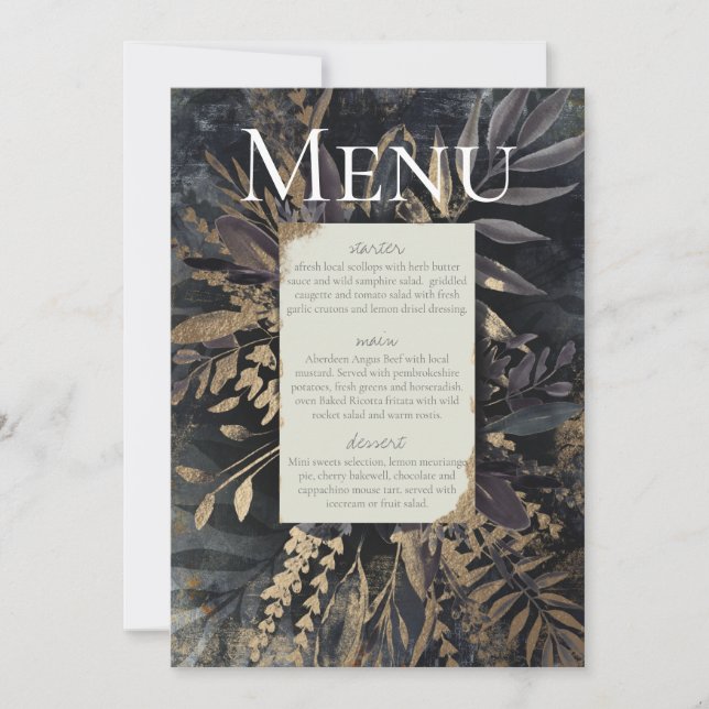 Slate grey gilded menu foliage bouquet, invitation (Front)