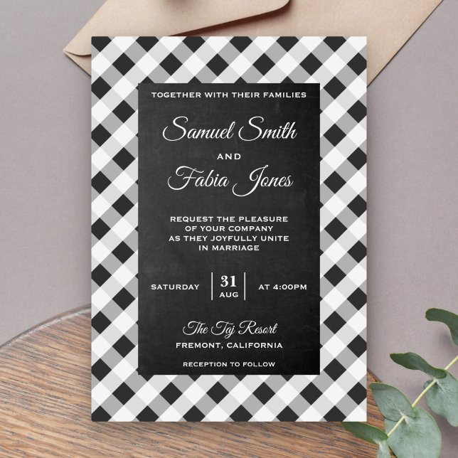 Slate Grey Gingham Chalkboard Wedding Invitation (Creator Uploaded)