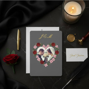 Slate Grey Gold Rose Heart Wedding Invitation
