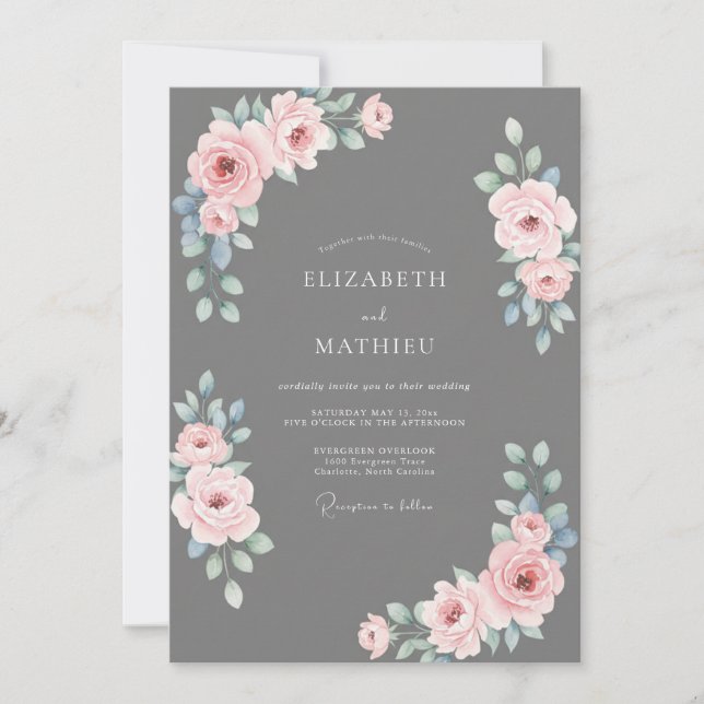Slate Grey Graceful Rose Wedding Invitation (Front)