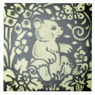 Slate Grey Green Bear Cub Floral Woodland Nature Ceramic Tile