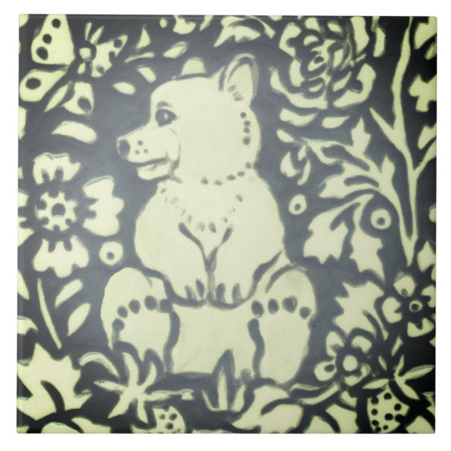 Slate Grey Green Bear Cub Floral Woodland Nature Ceramic Tile (Front)
