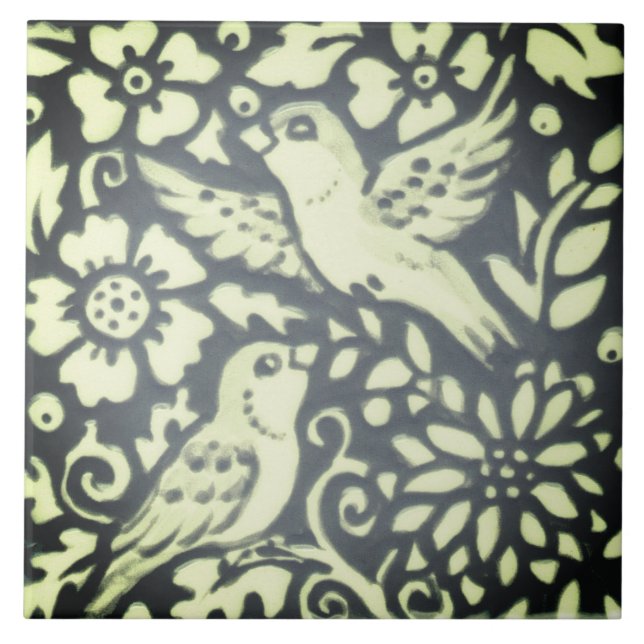 Slate Grey Green Bird Floral Foliage Woodsy Nature Ceramic Tile (Front)