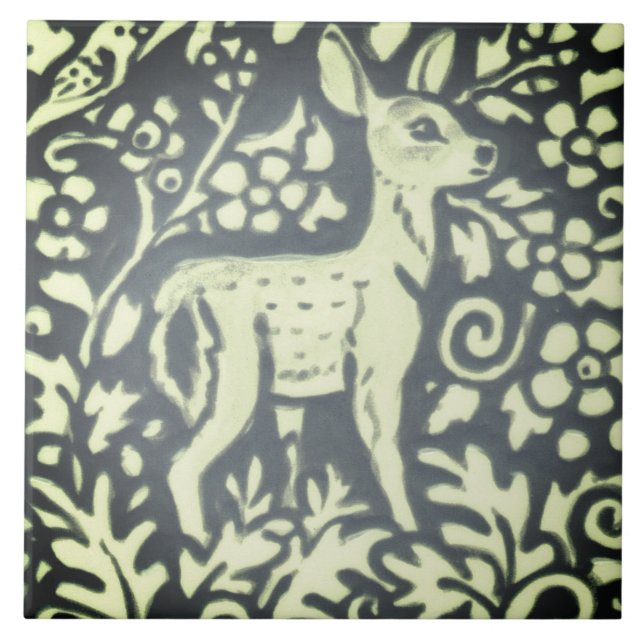 Slate Grey Green Fawn Deer Floral Woodland Nature Ceramic Tile (Front)