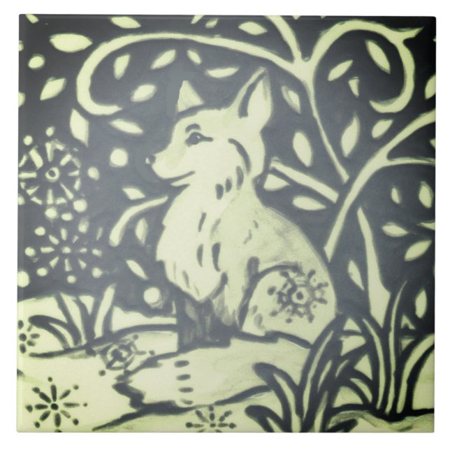 Slate Grey Green Fox Winter Snow Woodland Nature Ceramic Tile (Front)