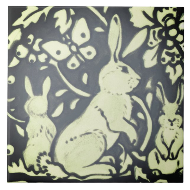 Slate Grey Green Rabbit Floral Woodland Nature Ceramic Tile (Front)