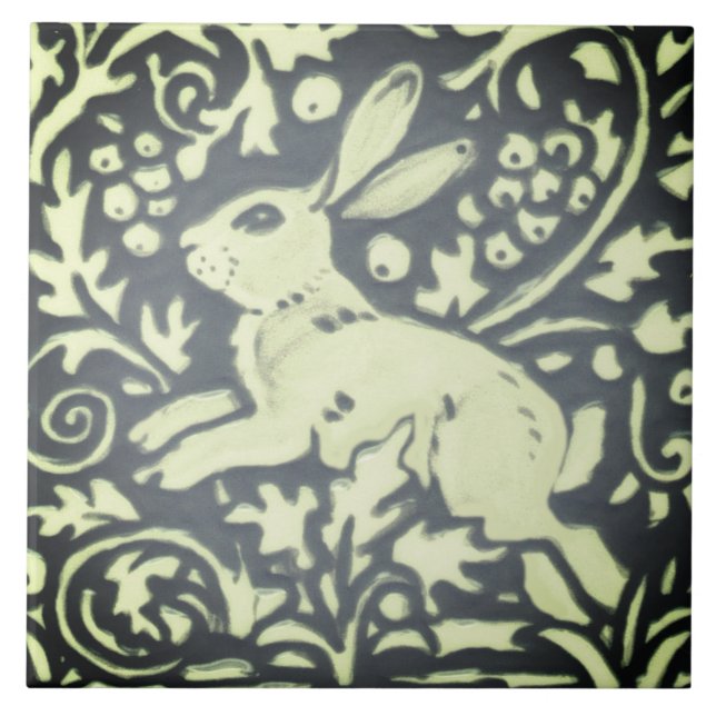 Slate Grey Green Rabbit Floral Woodland Nature Ceramic Tile (Front)