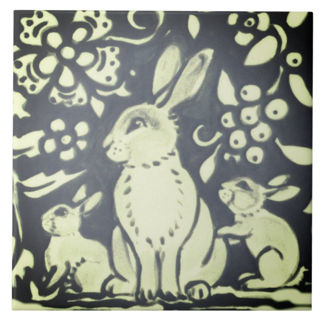 Slate Grey Green Rabbit Floral Woodland Nature Ceramic Tile (Front)