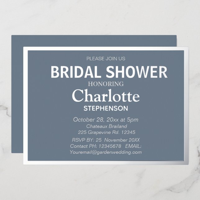 Slate Grey Modern  Classic Bridal Shower Silver  (Front/Back)