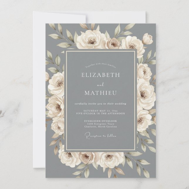 Slate Grey Ornate Formal Wedding Invitation (Front)