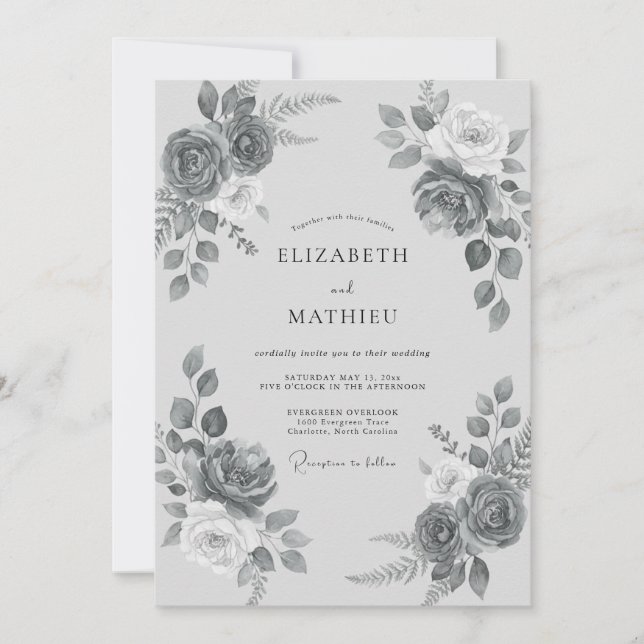 Slate Grey Romantic Floral Wedding Invitation (Front)