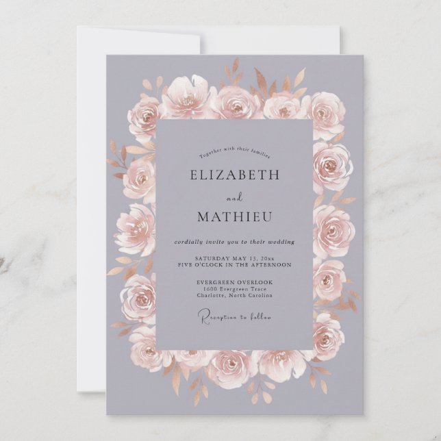 Slate Grey Romantic Floral Wedding Invitation (Front)