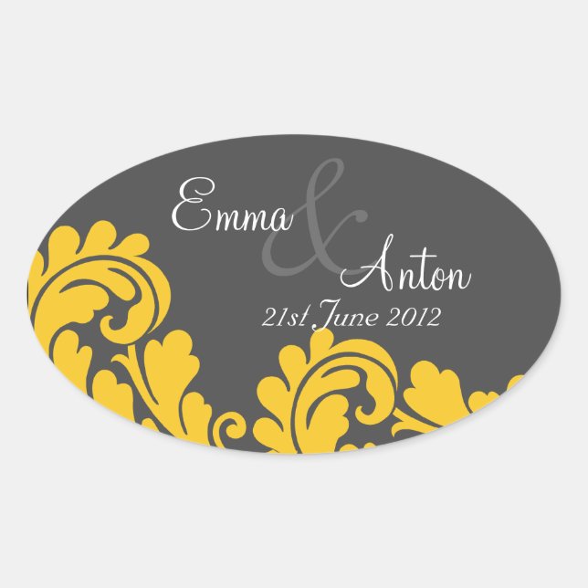 slate grey & yellow damask Save the date sticker (Front)