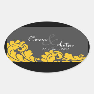 slate grey & yellow damask Save the date sticker