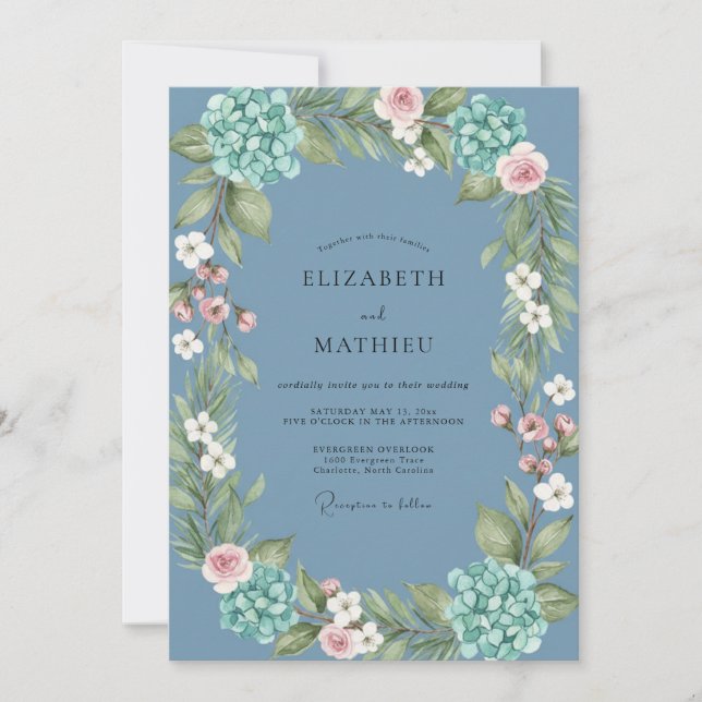 Slate Hydrangea Wreath Wedding Invitation (Front)
