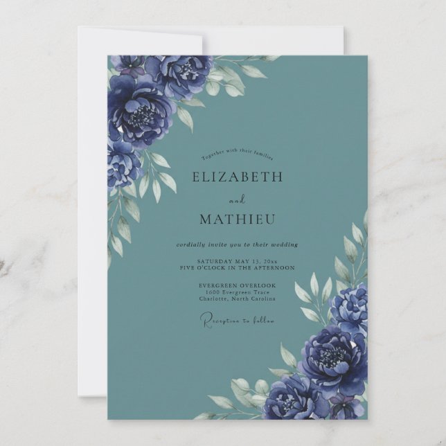 Slate Indigo Bloom Wedding Invitation (Front)