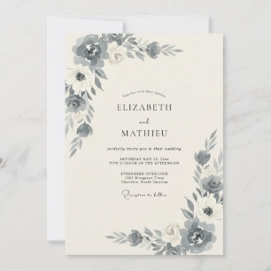 Slate Ivory Peony Wedding Invitation