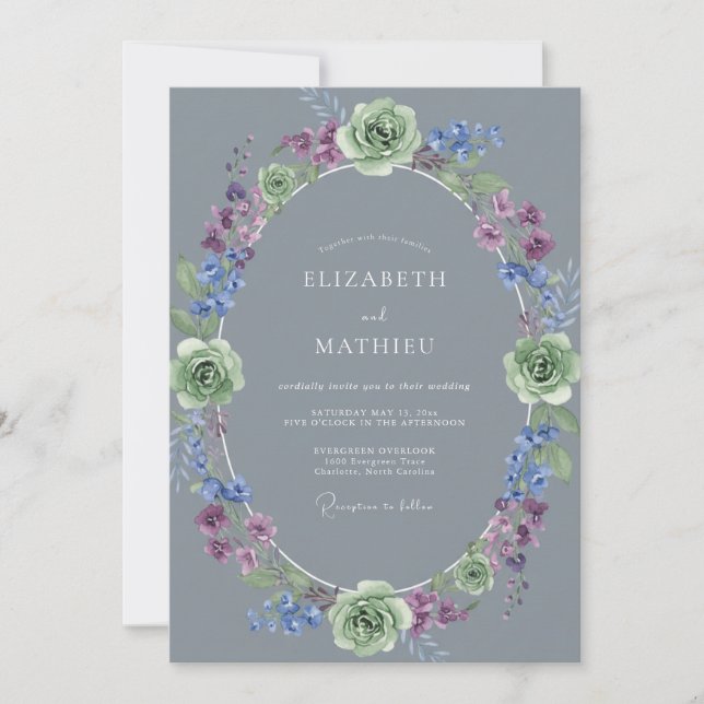 Slate Lavender Wreath Wedding Invitation (Front)