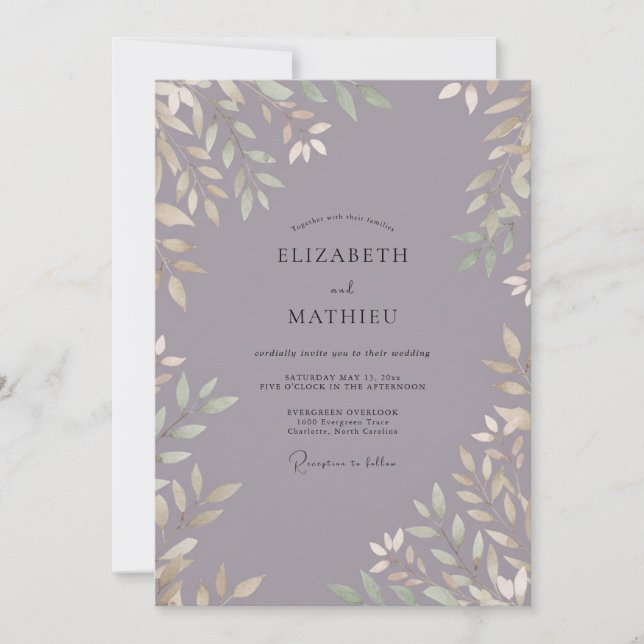 Slate Lilac Leafy Wedding Invitation (Front)