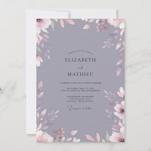 Slate Mauve Leafy Wedding Invitation (Front)