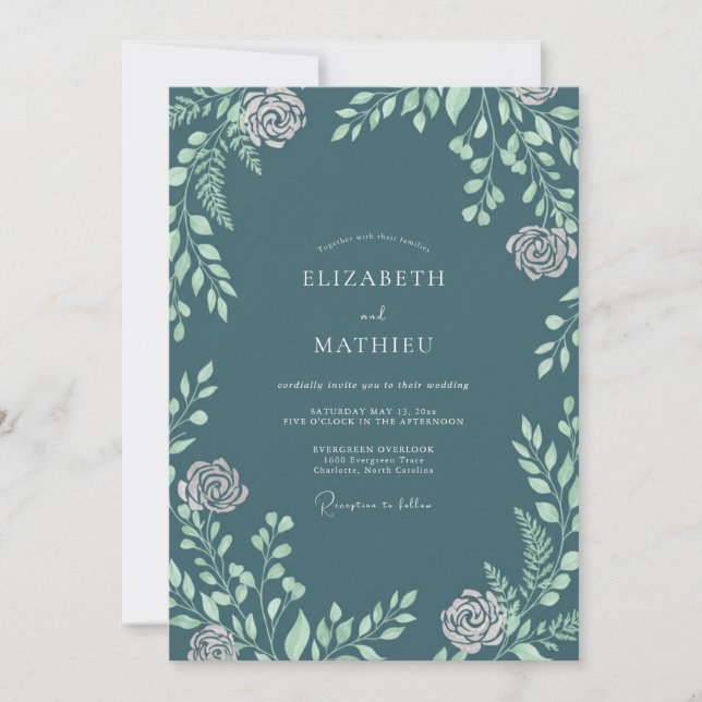 Slate Mint Leafy Wedding Invitation (Front)