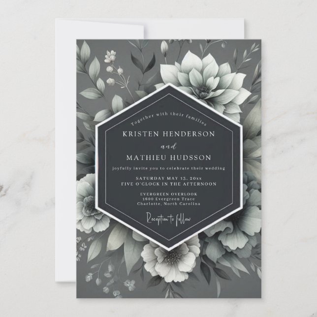 Slate Monochromatic Floral Wedding Invitation (Front)