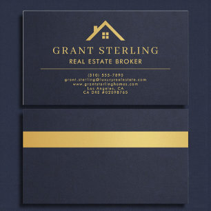 Slate Navy Blue Gold House Real Estate Broker Business Card