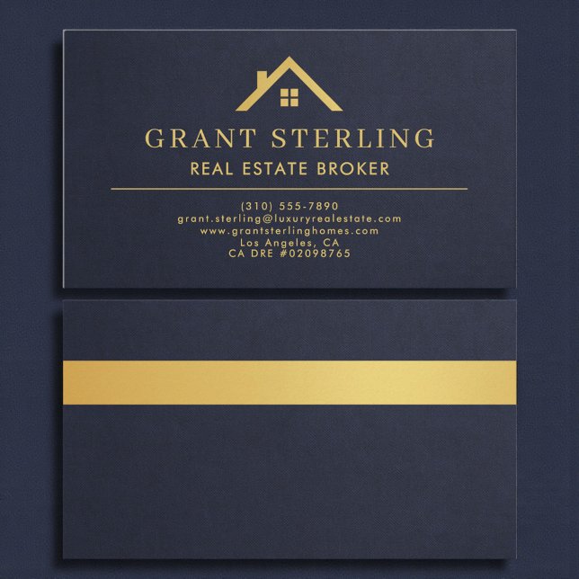 Slate Navy Blue Gold House Real Estate Broker  Business Card (Creator Uploaded)