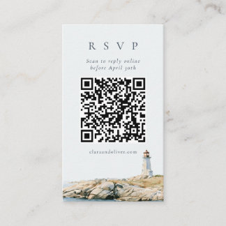 Slate Navy Script Lighthouse Wedding QR RSVP Card 