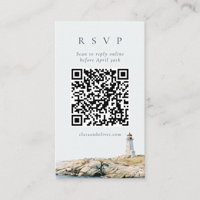Slate Navy Script Lighthouse Wedding QR RSVP Card  (Front)