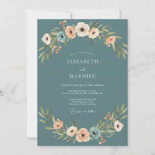 Slate Peach Anemone Wedding Invitation