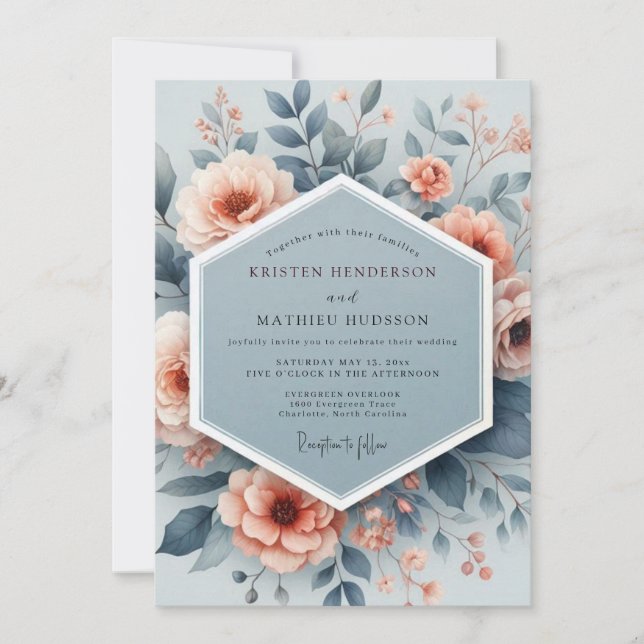 Slate Peach Aquarelle Wedding Invitation (Front)