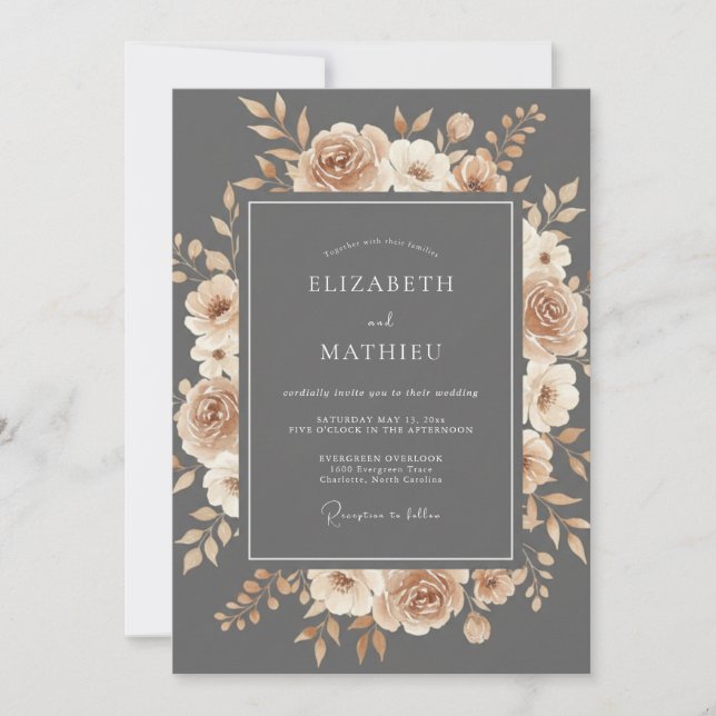 Slate Peach Floral Romance Wedding Invitation (Front)