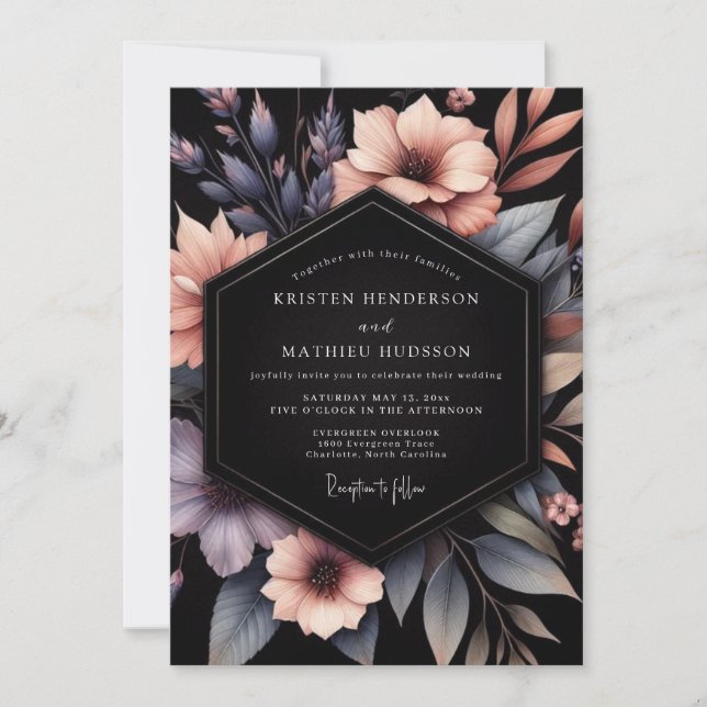 Slate & Peach Moody Floral Wedding Invitation (Front)