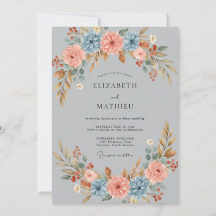 Slate Peach Zinnia Eucalyptus Wedding Invitation